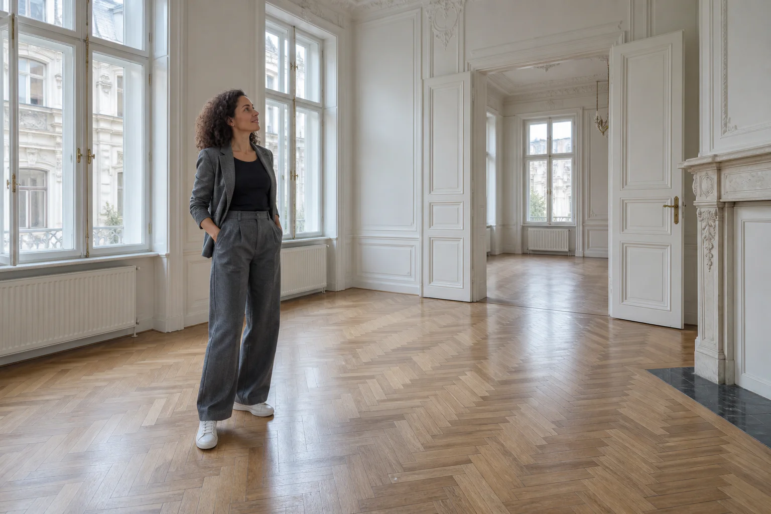 Frau betrachtet eine helle Wiener Wohnung